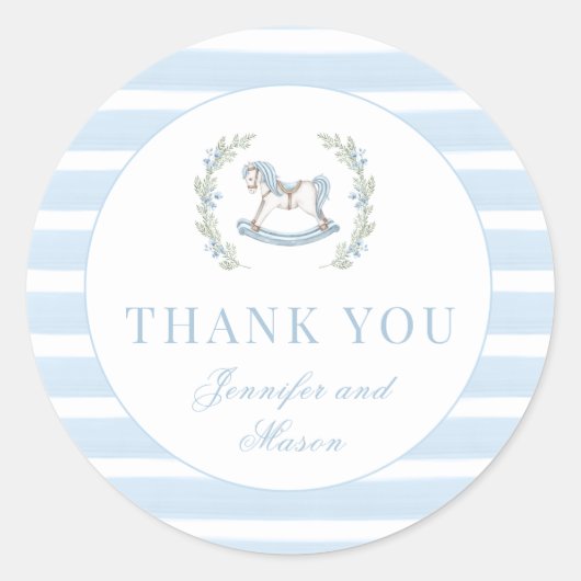 可愛い青いロッキングホース男の赤ちゃんシャワーユー ラウンドシール (正面)