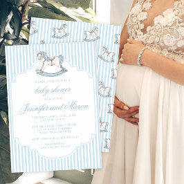 可愛い青いロッキングホース編み男の赤ちゃんシャワー 招待状