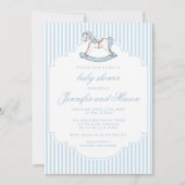 可愛い青いロッキングホース編み男の赤ちゃんシャワー 招待状 (正面)