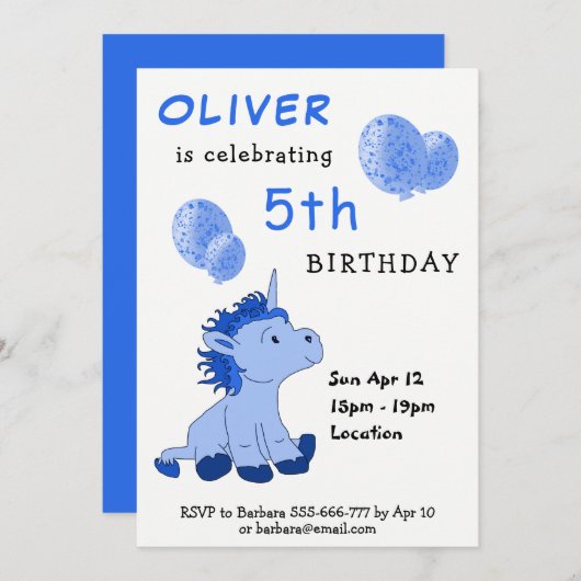 可愛い青い一角獣の風船少年の誕生日パーティー 招待状 (正面/裏面)