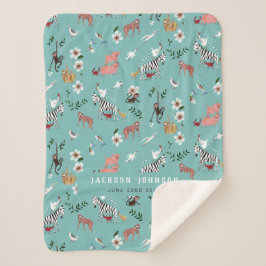 可愛い青い動物のナマケモノ、ゼブラ&バード子供部屋 シェルパブランケット