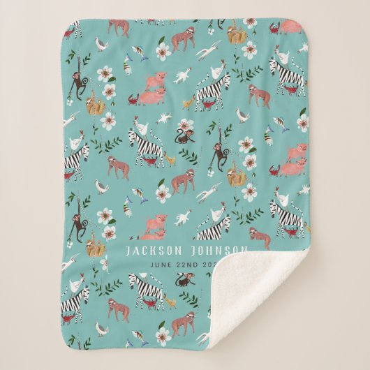 可愛い青い動物のナマケモノ、ゼブラ&バード子供部屋 シェルパブランケット (正面)