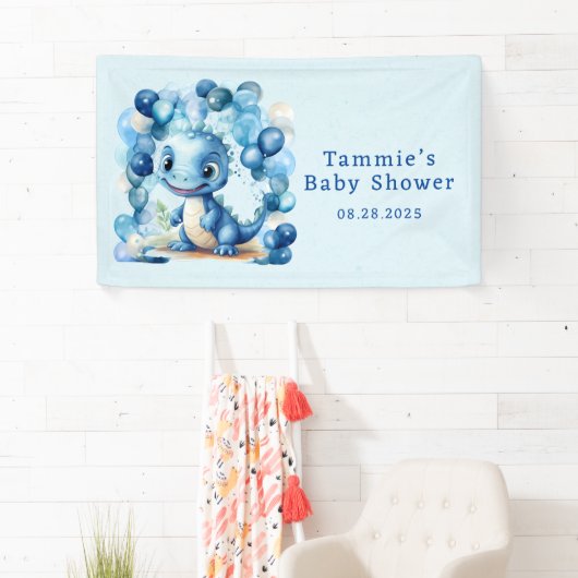 可愛い青い恐竜とバルーン男の子のシャワー 横断幕 (インサイチュ)