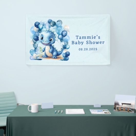 可愛い青い恐竜とバルーン男の子のシャワー 横断幕 (トレードショー)