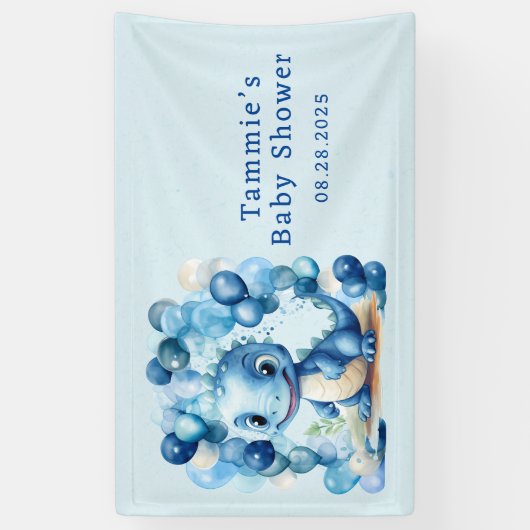 可愛い青い恐竜とバルーン男の子のシャワー 横断幕 (縦)