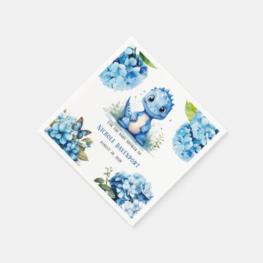 可愛い青い恐竜と花模様男の子のシャワー スタンダードカクテルナプキン (角)