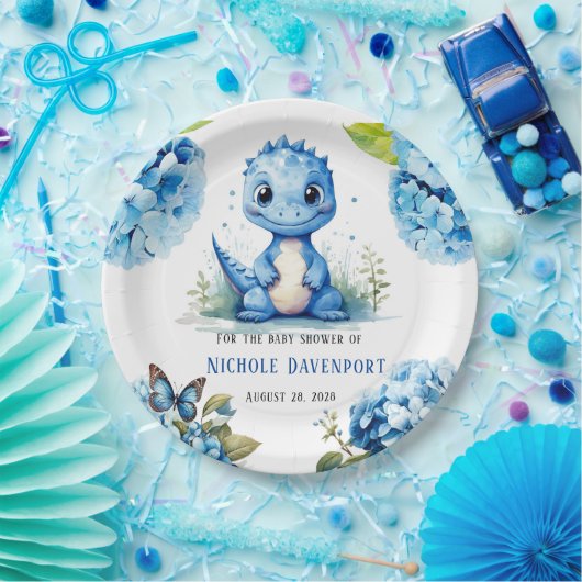 可愛い青い恐竜と花模様男の子のシャワー ペーパープレート (パーティー)