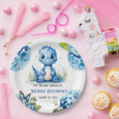 可愛い青い恐竜と花模様男の子のシャワー ペーパープレート (パーティー)