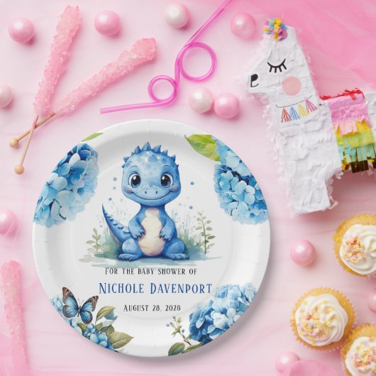 可愛い青い恐竜と花模様男の子のシャワー ペーパープレート (パーティー)