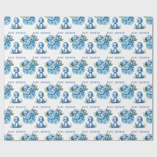 可愛い青い恐竜と花模様男の子のシャワー ラッピングペーパー (フラット)