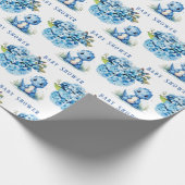 可愛い青い恐竜と花模様男の子のシャワー ラッピングペーパー (角)