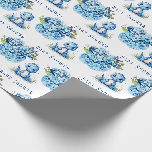 可愛い青い恐竜と花模様男の子のシャワー ラッピングペーパー (角)