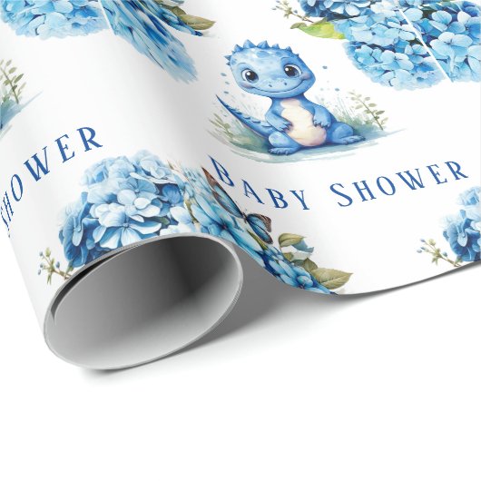可愛い青い恐竜と花模様男の子のシャワー ラッピングペーパー (ロールコーナー)
