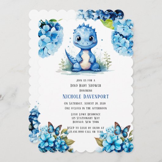 可愛い青い恐竜と花模様男の子のシャワー 招待状 (正面/裏面)