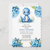 可愛い青い恐竜と花模様男の子のシャワー 招待状 (正面)