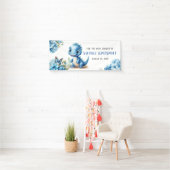 可愛い青い恐竜と花模様男の子のシャワー 横断幕 (インサイチュ)