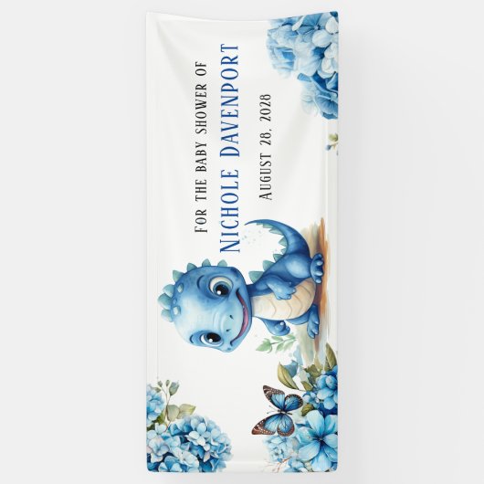 可愛い青い恐竜と花模様男の子のシャワー 横断幕 (縦)