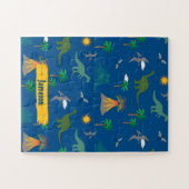 可愛い青い恐竜のパターン野生生物植物名 ジグソーパズル (横)