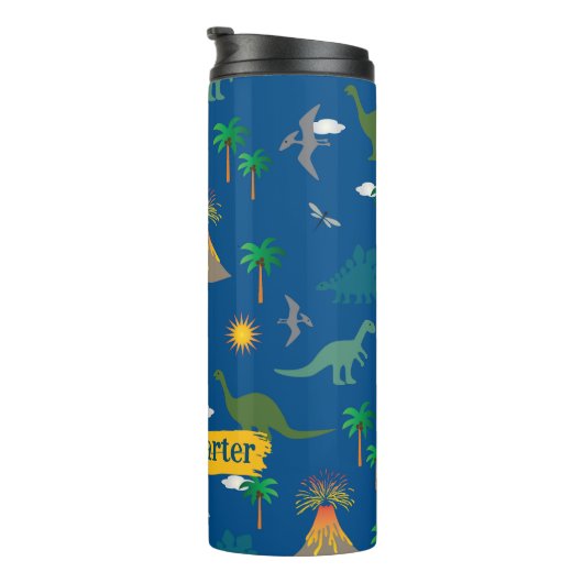 可愛い青い恐竜のパターン野生生物植物名 タンブラー (回転右)
