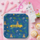 可愛い青い恐竜のパターン野生生物植物名 ペーパープレート (パーティー)