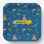 可愛い青い恐竜のパターン野生生物植物名 ペーパープレート (正面)