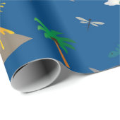 可愛い青い恐竜のパターン野生生物植物名 ラッピングペーパー (ロールコーナー)