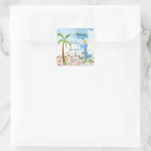 可愛い青い恐竜のパームツリーボーイ赤ちゃんシャワー スクエアシール (バッグ)