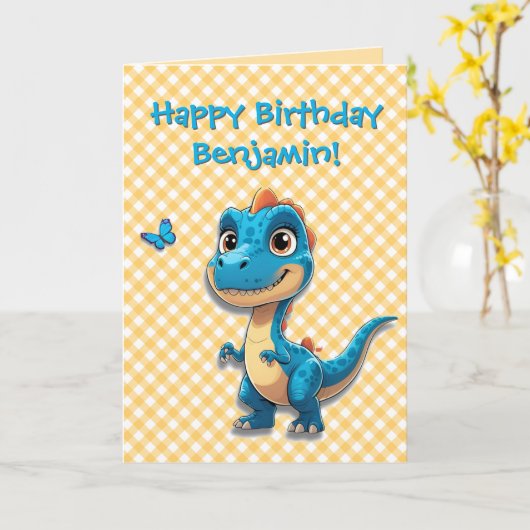 可愛い青い恐竜の誕生日カー子供へド カード (黄色い花)