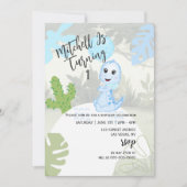 可愛い青い恐竜バルーンファースト誕生日写真 招待状 (正面)