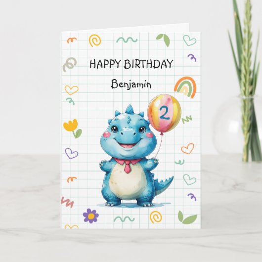 可愛い青い恐竜バルーンボーイハッピーバースデー部 サンキューカード (正面)
