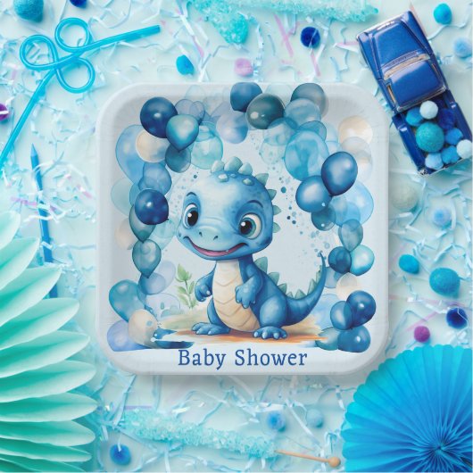 可愛い青い恐竜バルーン男の子のシャワー ペーパープレート (パーティー)