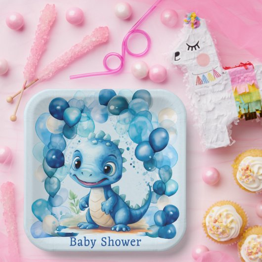 可愛い青い恐竜バルーン男の子のシャワー ペーパープレート (パーティー)