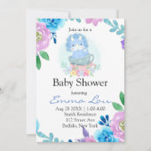 可愛い青い恐竜フローラティーカップボーイベビーシャワー 招待状 (正面)