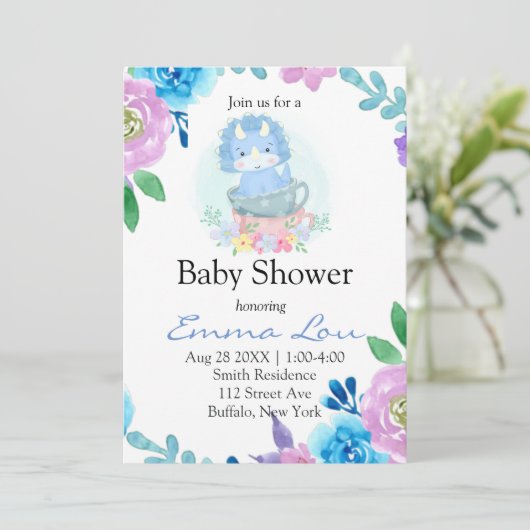 可愛い青い恐竜フローラティーカップボーイベビーシャワー 招待状 (スタンド正面)