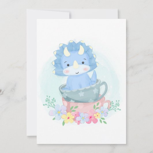 可愛い青い恐竜フローラティーカップボーイベビーシャワー 招待状 (裏面)