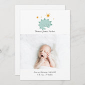 可愛い青い恐竜ボーイベビー写真誕生 案内状 (正面/裏面)