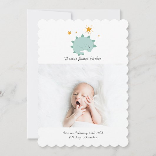 可愛い青い恐竜ボーイベビー写真誕生 案内状 (正面)