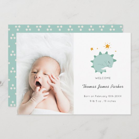 可愛い青い恐竜ボーイベビー写真誕生 案内状 (正面/裏面)