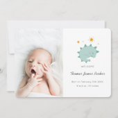 可愛い青い恐竜ボーイベビー写真誕生 案内状 (正面)