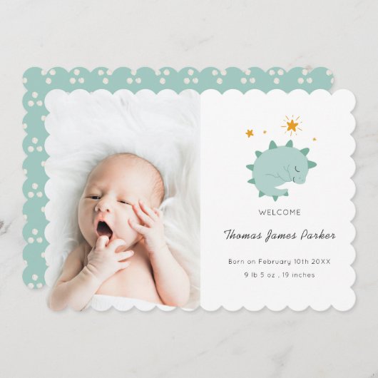 可愛い青い恐竜ボーイベビー写真誕生 案内状 (正面/裏面)