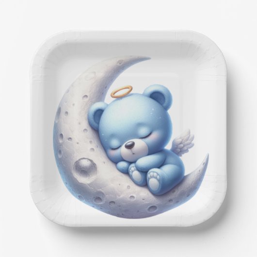 可愛い青い月眠り熊 ペーパープレート (正面)