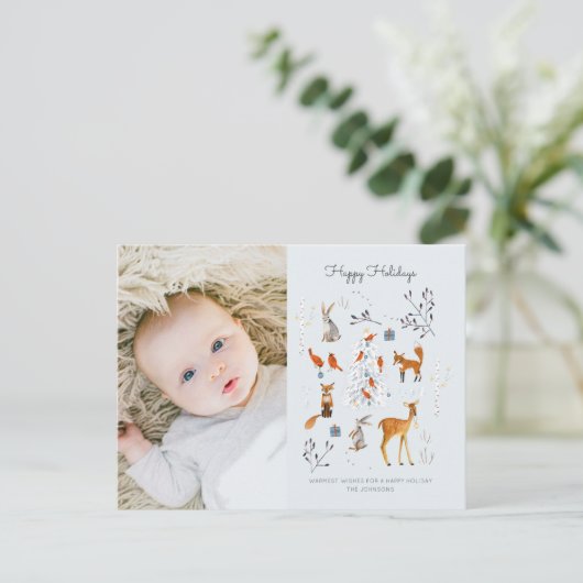 可愛い青い木疑問に思の国の動物の鹿と狐 シーズンポストカード (スタンド正面)