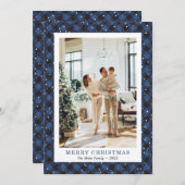 可愛い青い格子雪の写真メリークリスマスカード シーズンカード (正面/裏面)