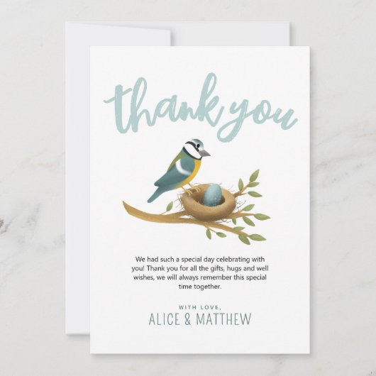 可愛い青い水色の鳥の赤ちゃんシャワー サンキューカード (正面)