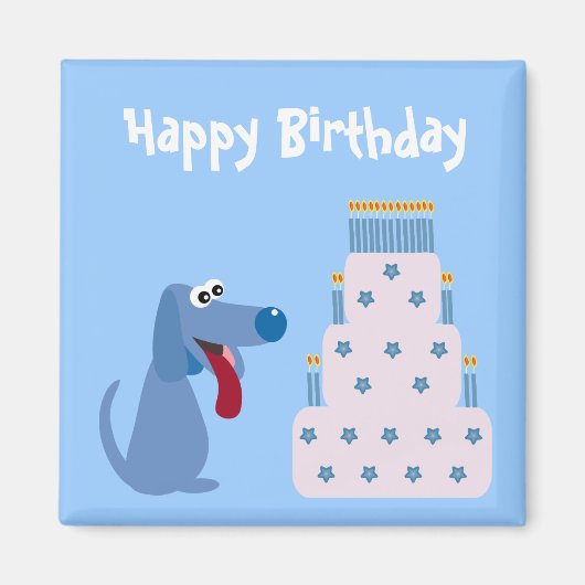 可愛い青い漫画の犬とお誕生日ケーキマグネット マグネット (正面)