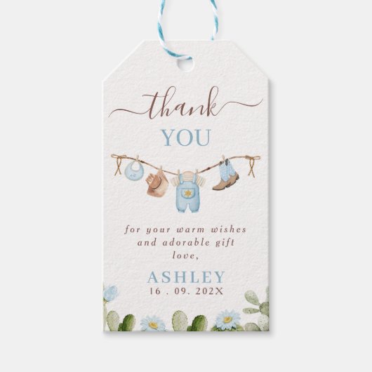 可愛い青い物干しサボカウボーイ赤ちゃんシャワー ギフトタグ (正面)