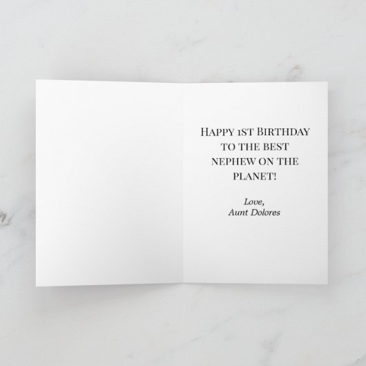 可愛い青い甥の息子の男の子1歳の誕生日の恐竜 カード (内部)