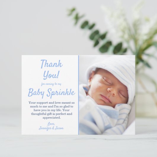 可愛い青い男の子のベビーまきありがとう サンキューカード (スタンド正面)