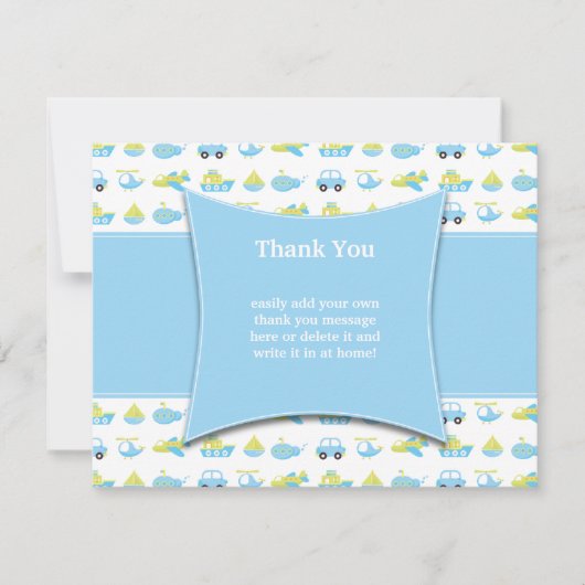 可愛い青い男の子の旅行感謝してい時間あなたのフラットカード 招待状 (正面)