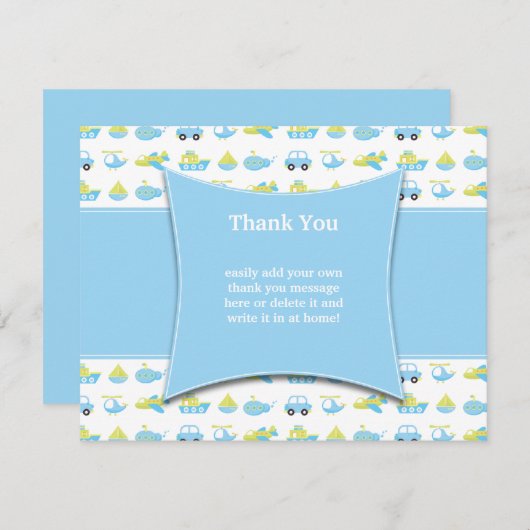 可愛い青い男の子の旅行感謝してい時間あなたのフラットカード 招待状 (正面/裏面)